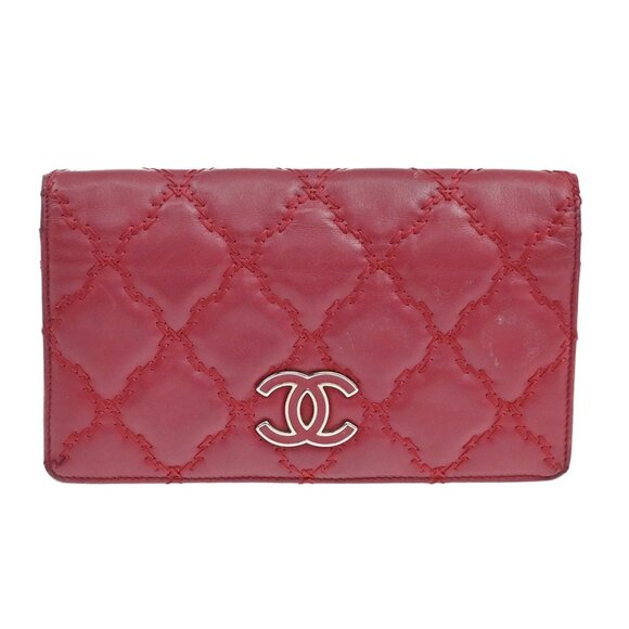 CHANEL CC Logo Ultra Stitch Long Bifold Wallet Purse Leather Red SHW